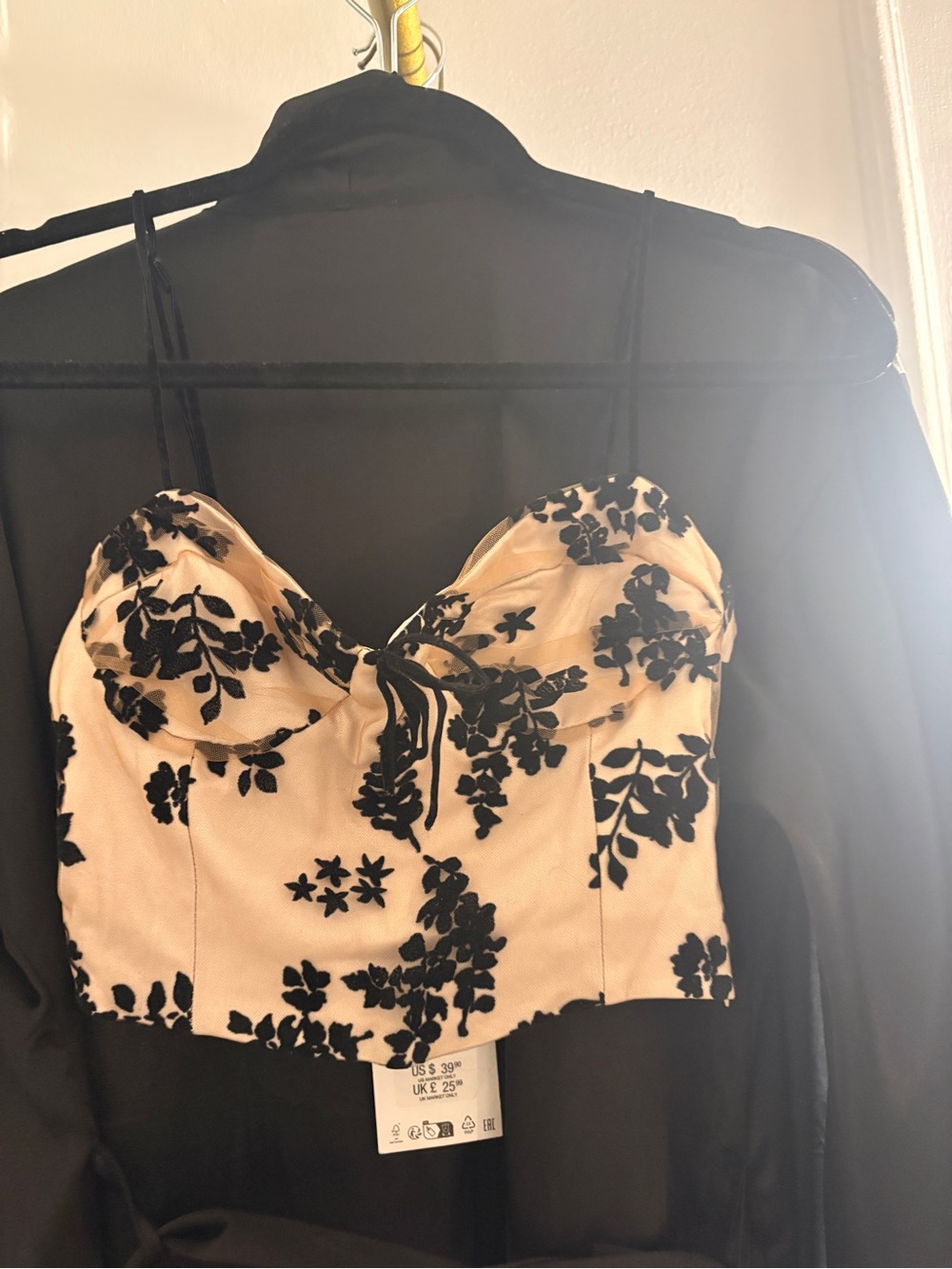 Zara Cream Bustier Crop Top with Black Floral Appliqué